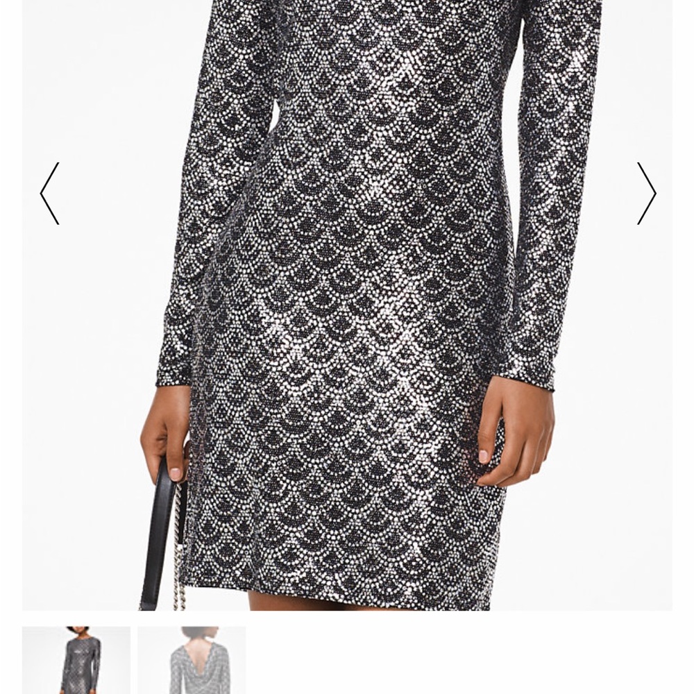 Michael Kors Long Sleeved Cowl Neck Sequin Dress in Black & Silver